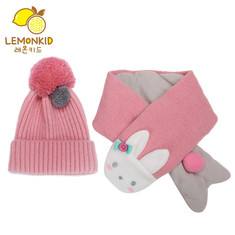 Lemonkid-雙色球糖果帽二件套(圍巾+帽子)-芭比粉小免