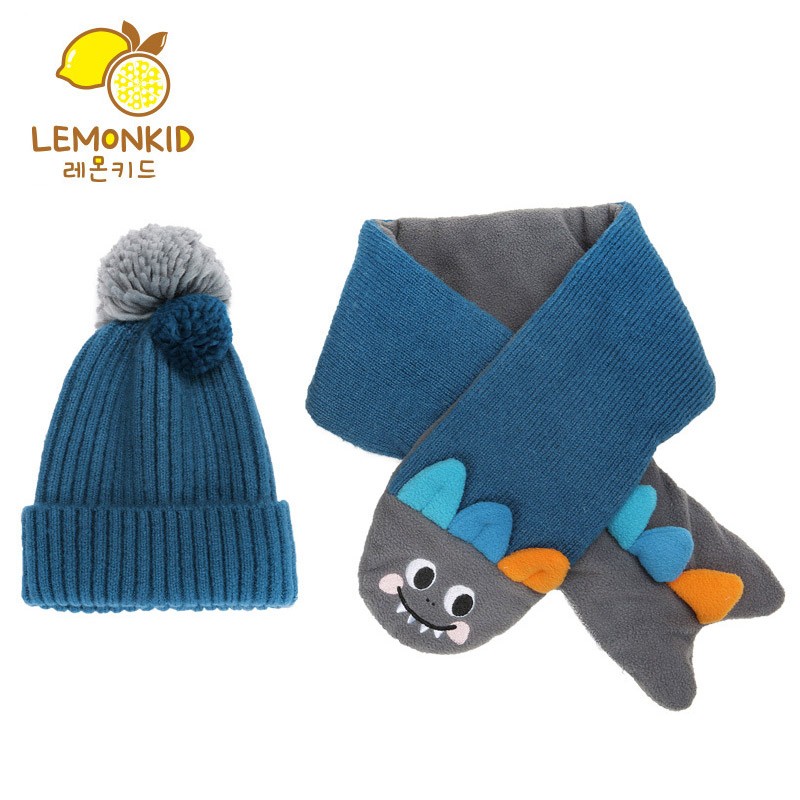 Lemonkid-雙色球糖果帽二件套(圍巾+帽子)-霧霾藍恐龍