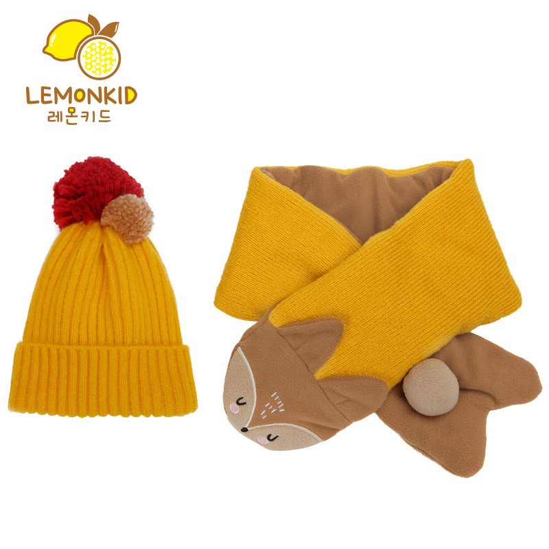 Lemonkid-雙色球糖果帽二件套(圍巾+帽子)-姜黃色狐狸