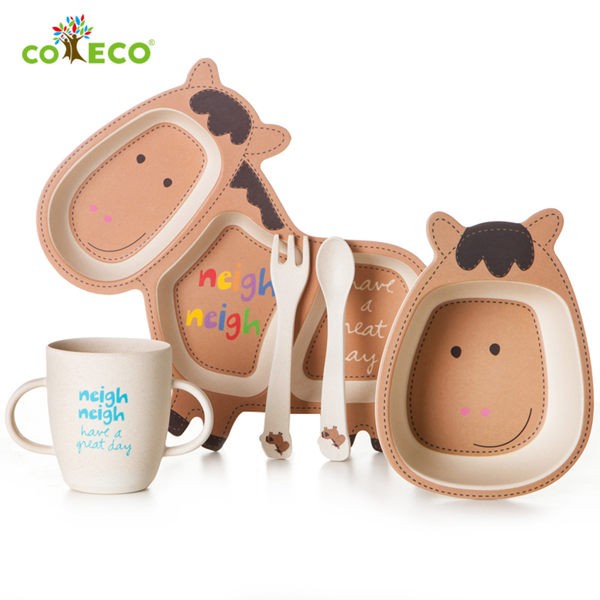 coeco竹纖維動物造型兒童餐具五件組-小馬